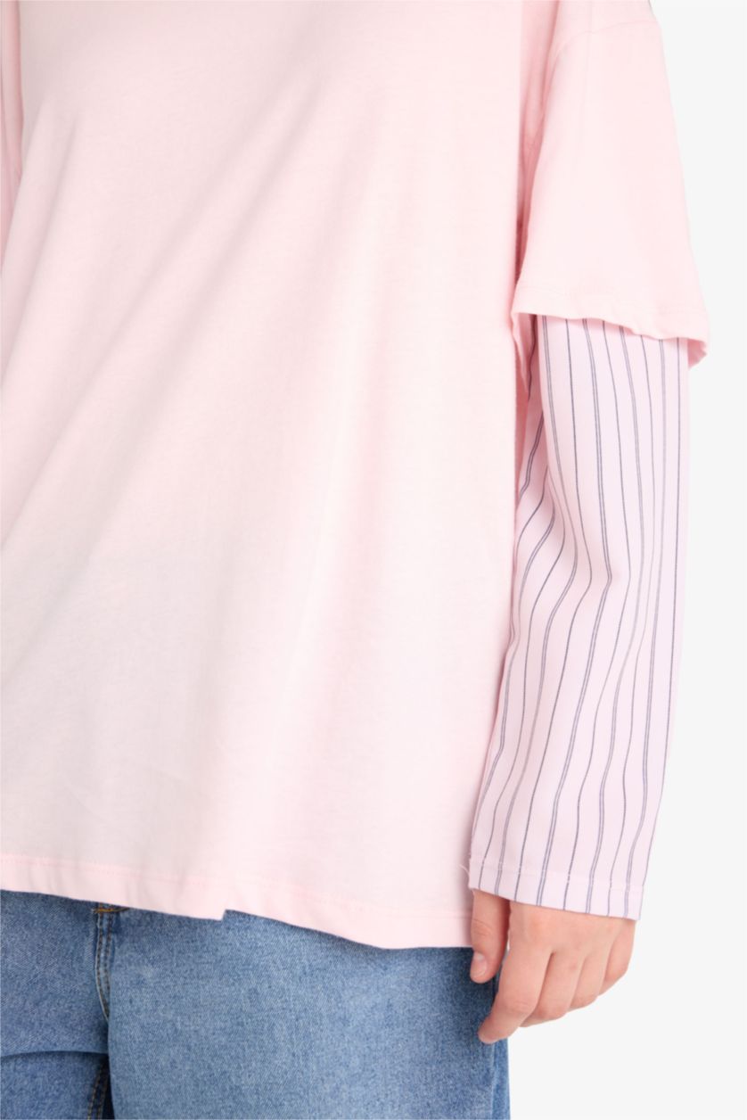 Kadın Pembe Oversize Geniş Kalıp Bisiklet Yaka Uzun Kol Detaylı Tişört