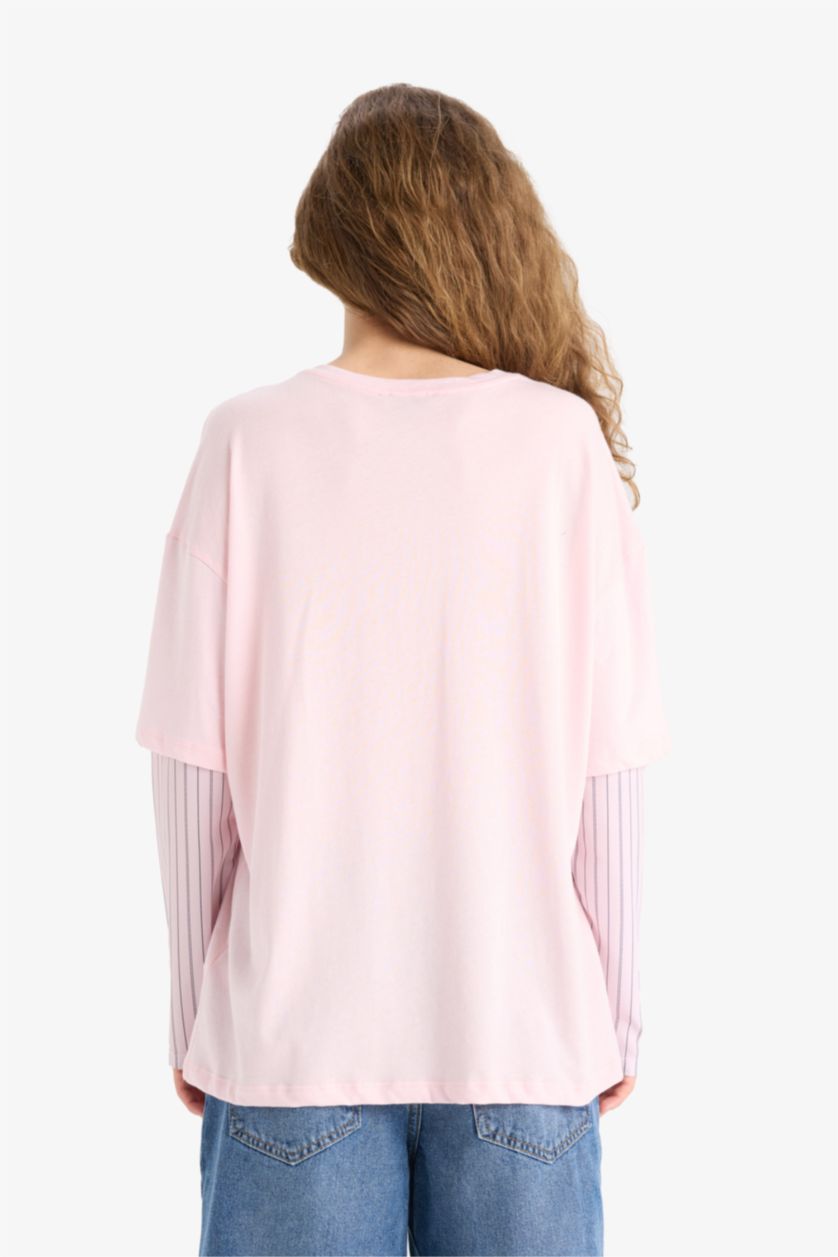 Kadın Pembe Oversize Geniş Kalıp Bisiklet Yaka Uzun Kol Detaylı Tişört