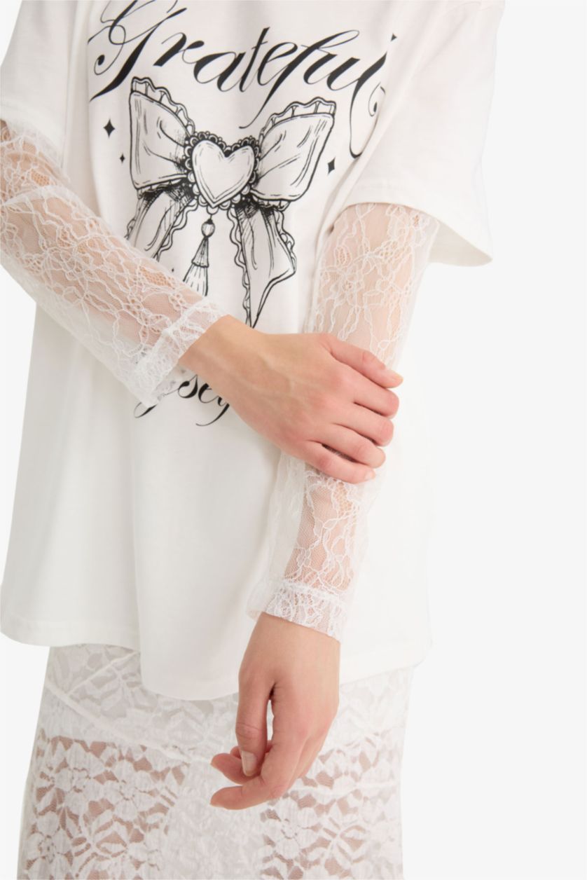 Женщины Кремовый Крутая oversize футболка свободного покроя с длинными рукавами и принтом