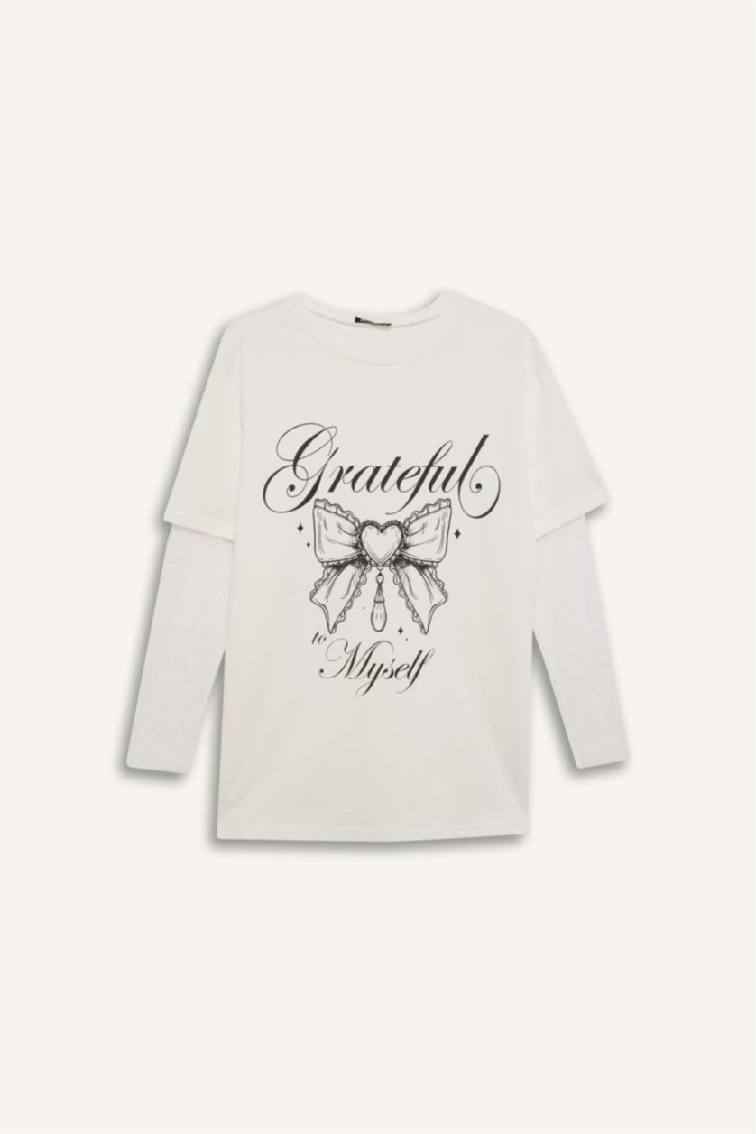 Женщины Кремовый Крутая oversize футболка свободного покроя с длинными рукавами и принтом