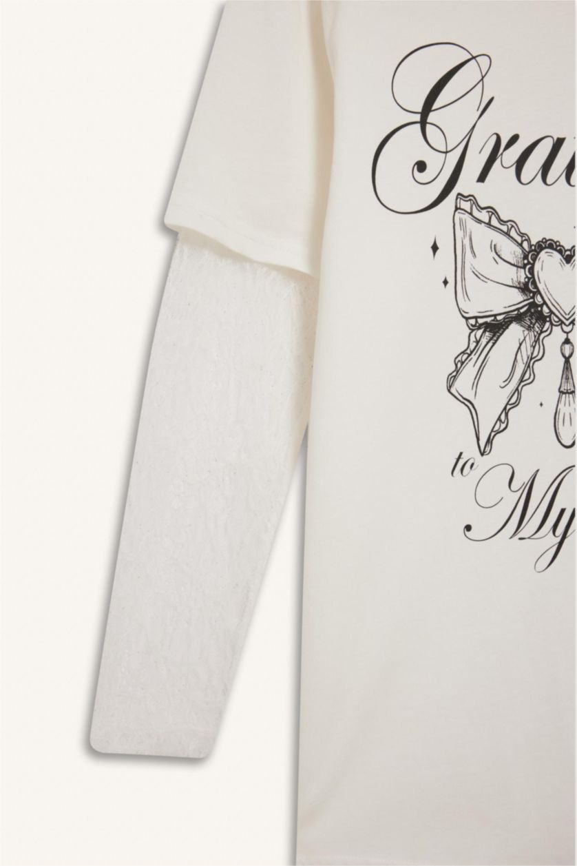 Женщины Кремовый Крутая oversize футболка свободного покроя с длинными рукавами и принтом