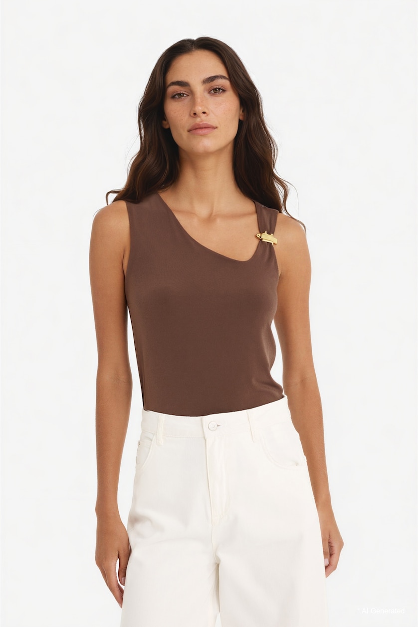 Women Brown Slim Fit One Shoulder with Accessory Detail Blouse