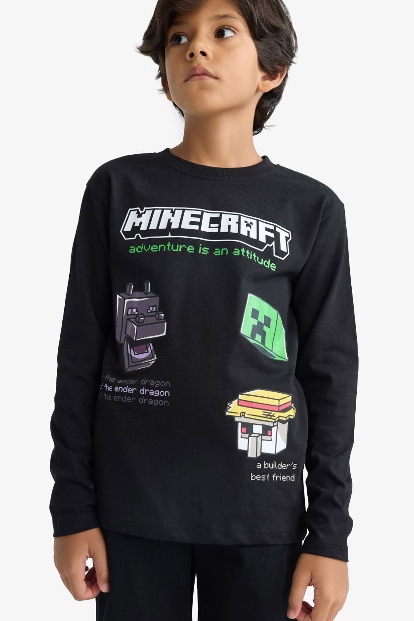 Erkek Çocuk - Genç Erkek Siyah Erkek Çocuk Minecraft Bisiklet Yaka Uzun Kollu Tişört