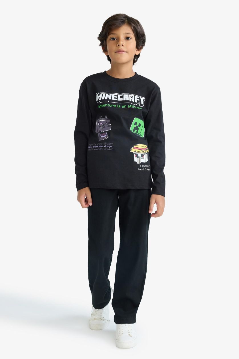 Erkek Çocuk - Genç Erkek Siyah Erkek Çocuk Minecraft Bisiklet Yaka Uzun Kollu Tişört