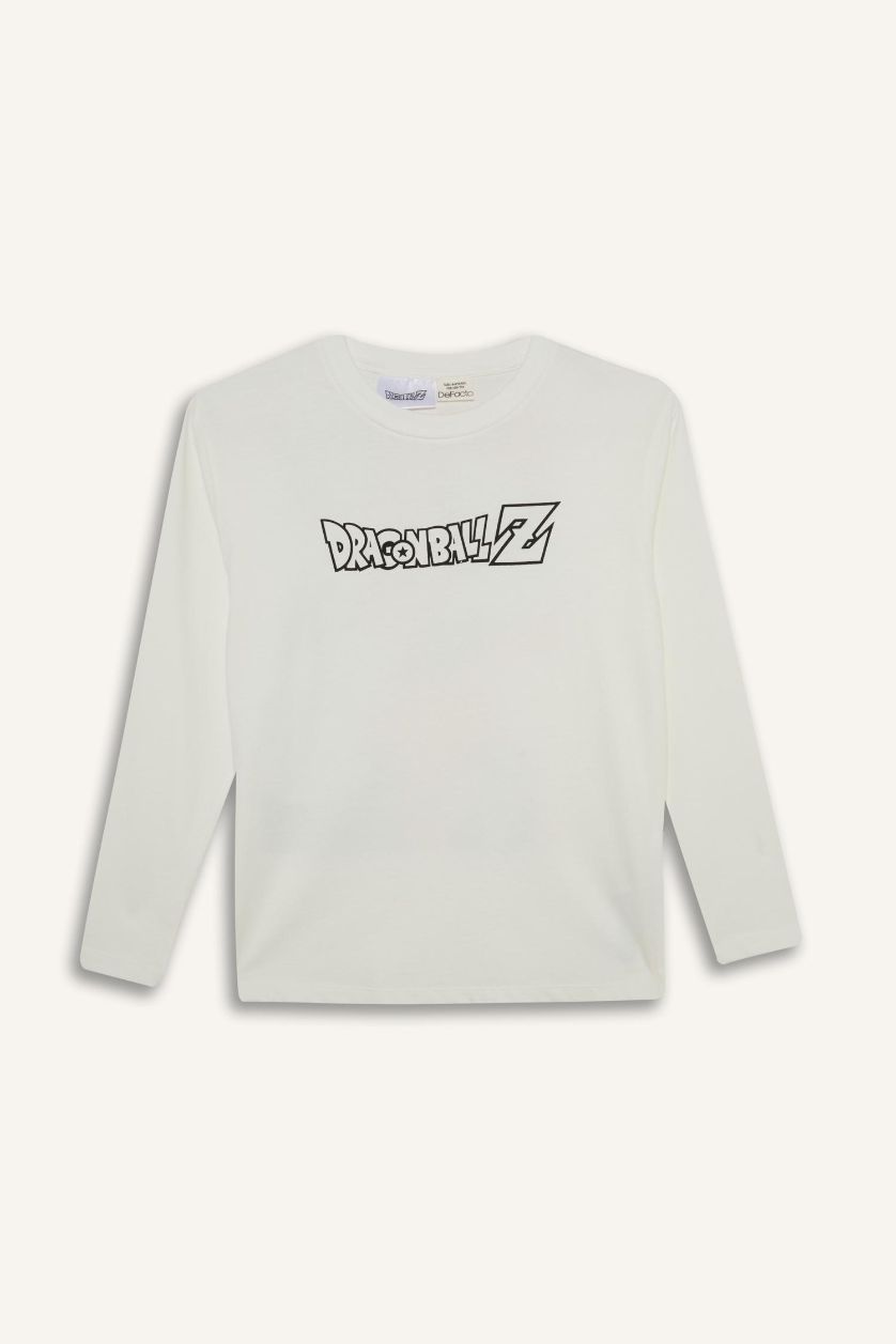 Erkek Çocuk - Genç Erkek Kırık Beyaz Dragon Ball Bisiklet Yaka Sırt Baskılı Uzun Kollu Tişört Erkek Çocuk