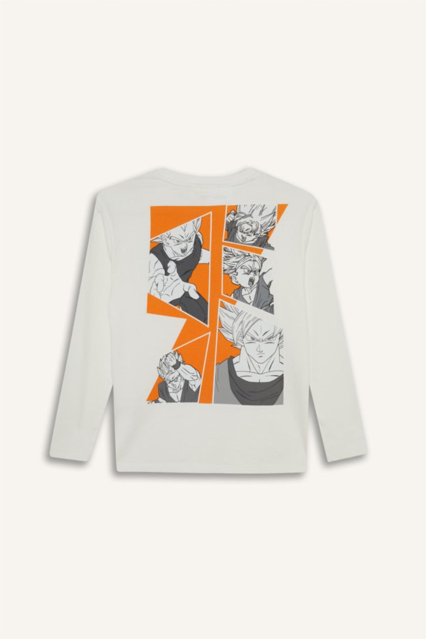 Erkek Çocuk - Genç Erkek Kırık Beyaz Dragon Ball Bisiklet Yaka Sırt Baskılı Uzun Kollu Tişört Erkek Çocuk