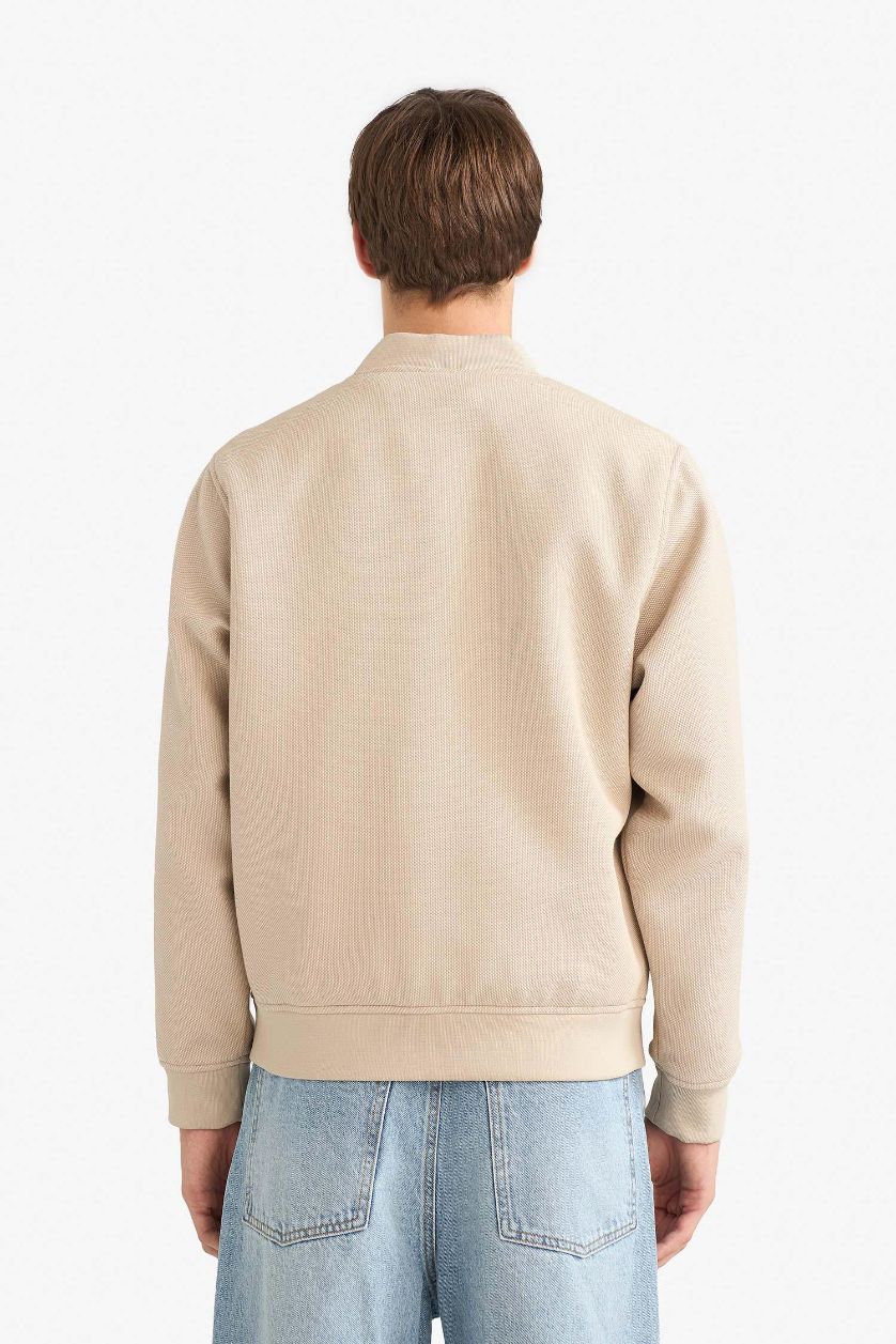 Erkek Bej Regular Fit  Bomber Kolej Yaka Nakış Detaylı İç Cepli Çıtçıtlı Mont