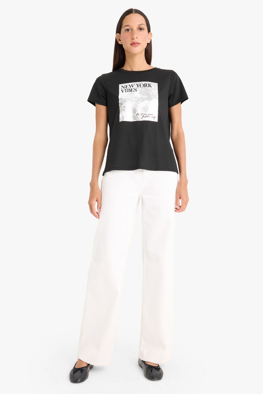 WOMAN Black Regular Fit Crew Neck Printed T-Shirt