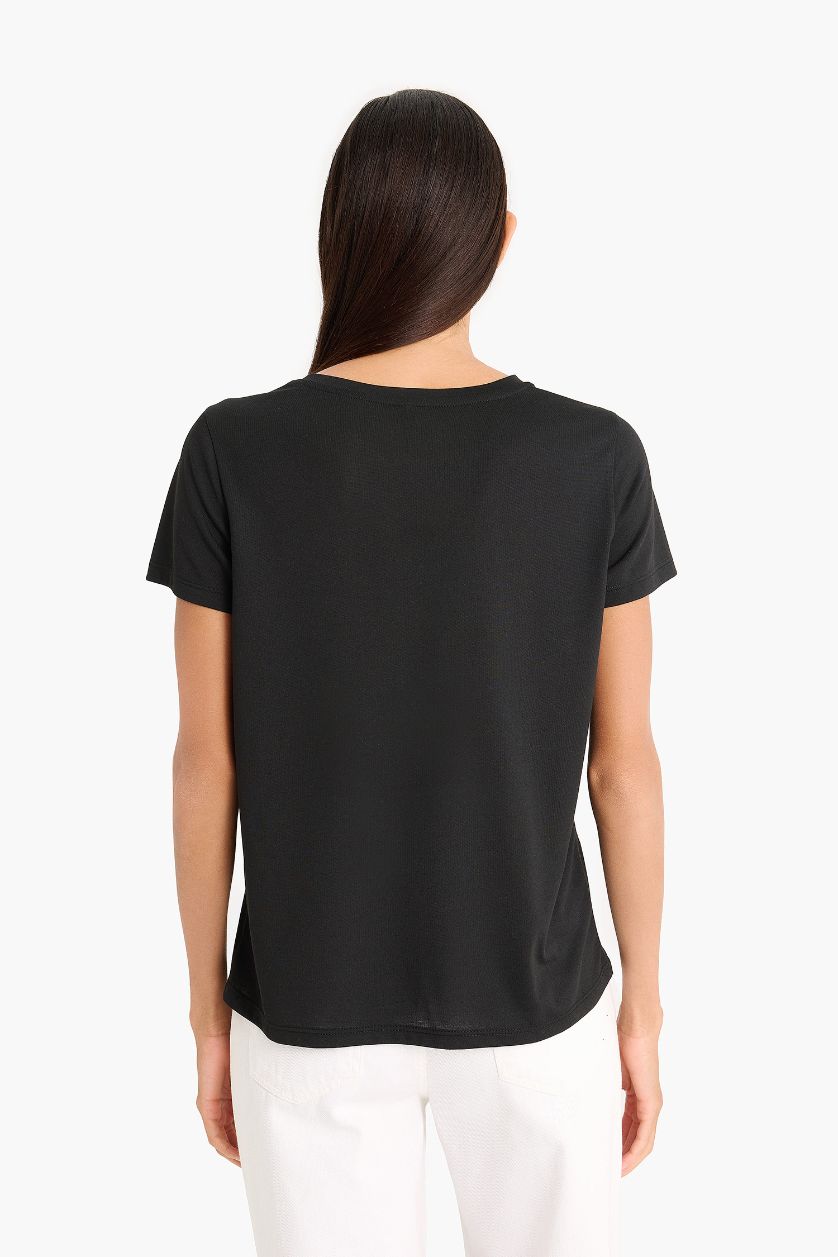 WOMAN Black Regular Fit Crew Neck Printed T-Shirt