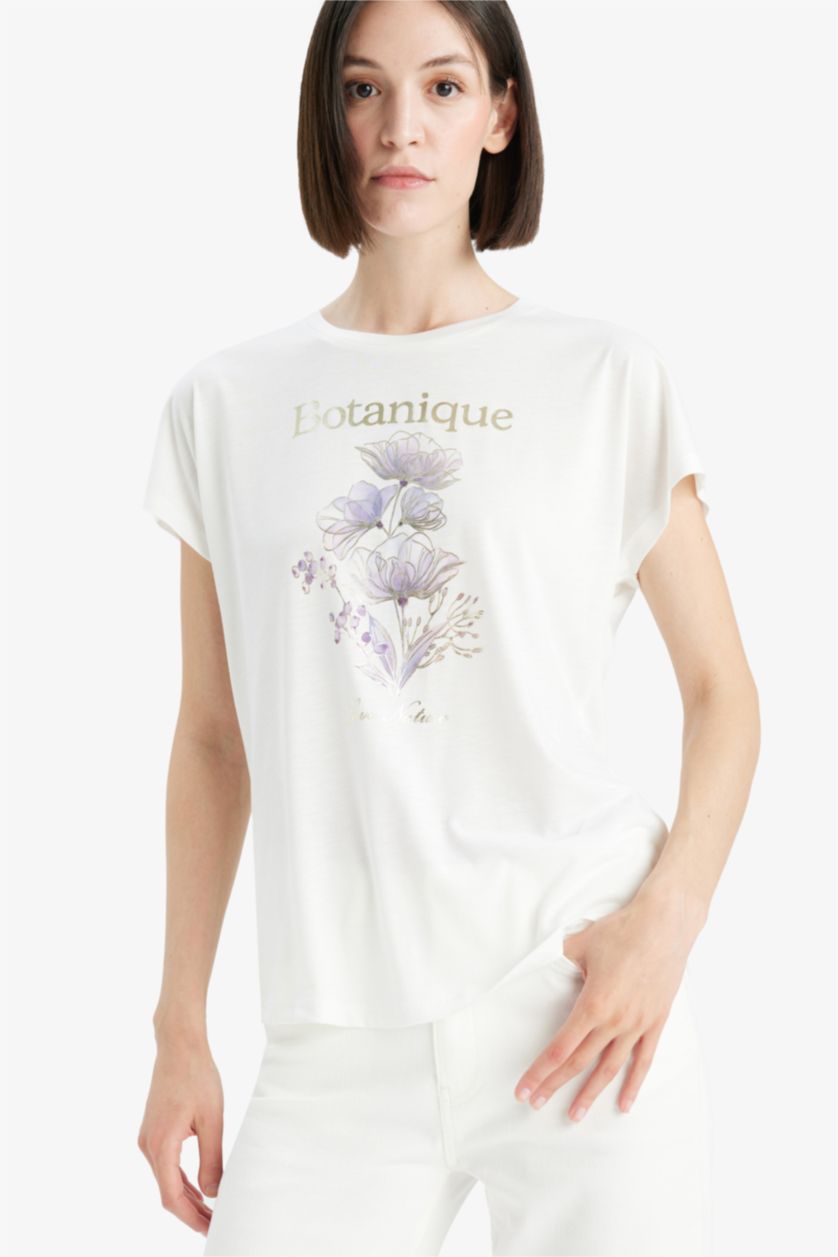 نساء بيج فاتح Crew Neck Floral Short Sleeve T-Shirt