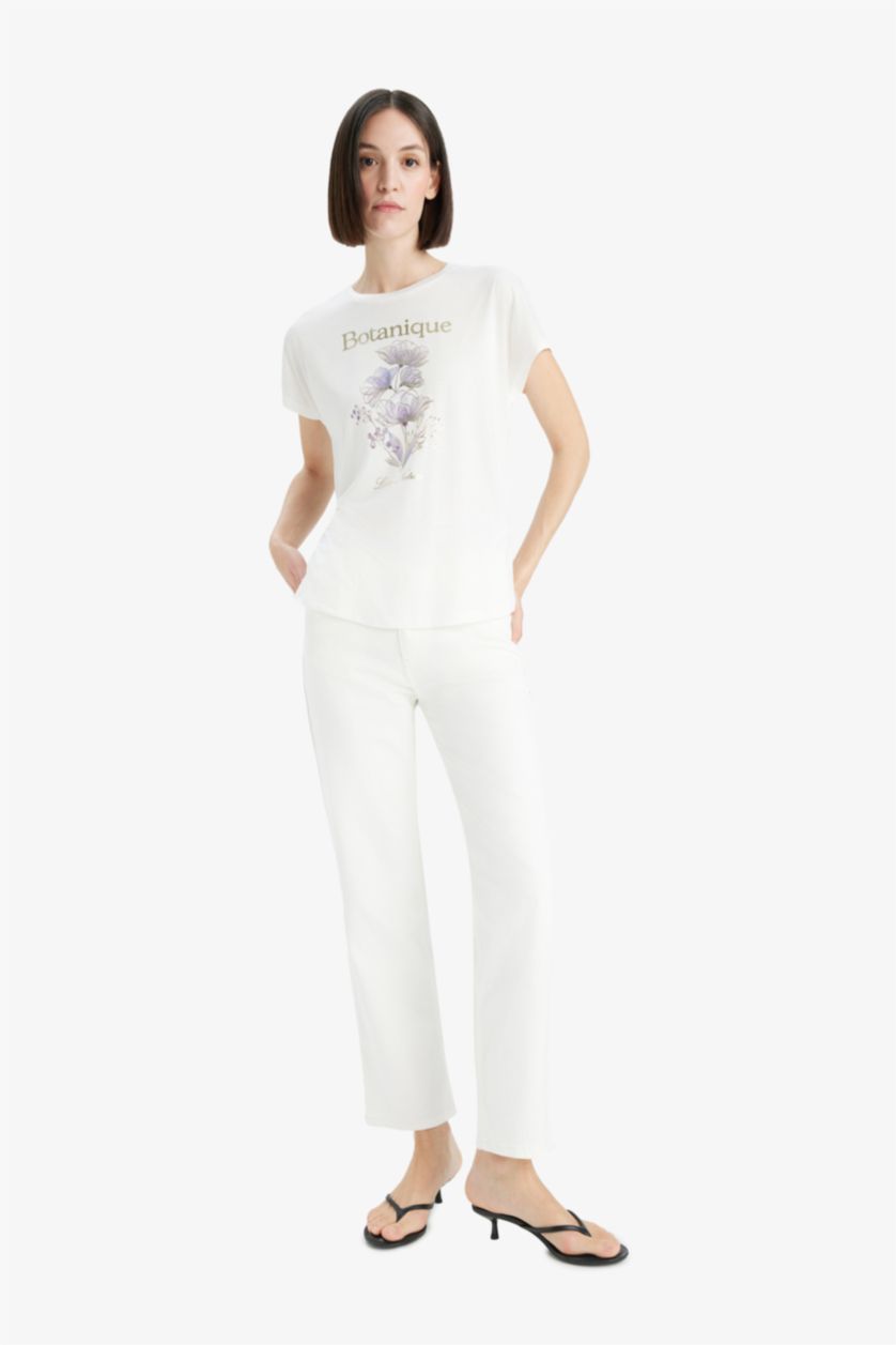 نساء بيج فاتح Crew Neck Floral Short Sleeve T-Shirt