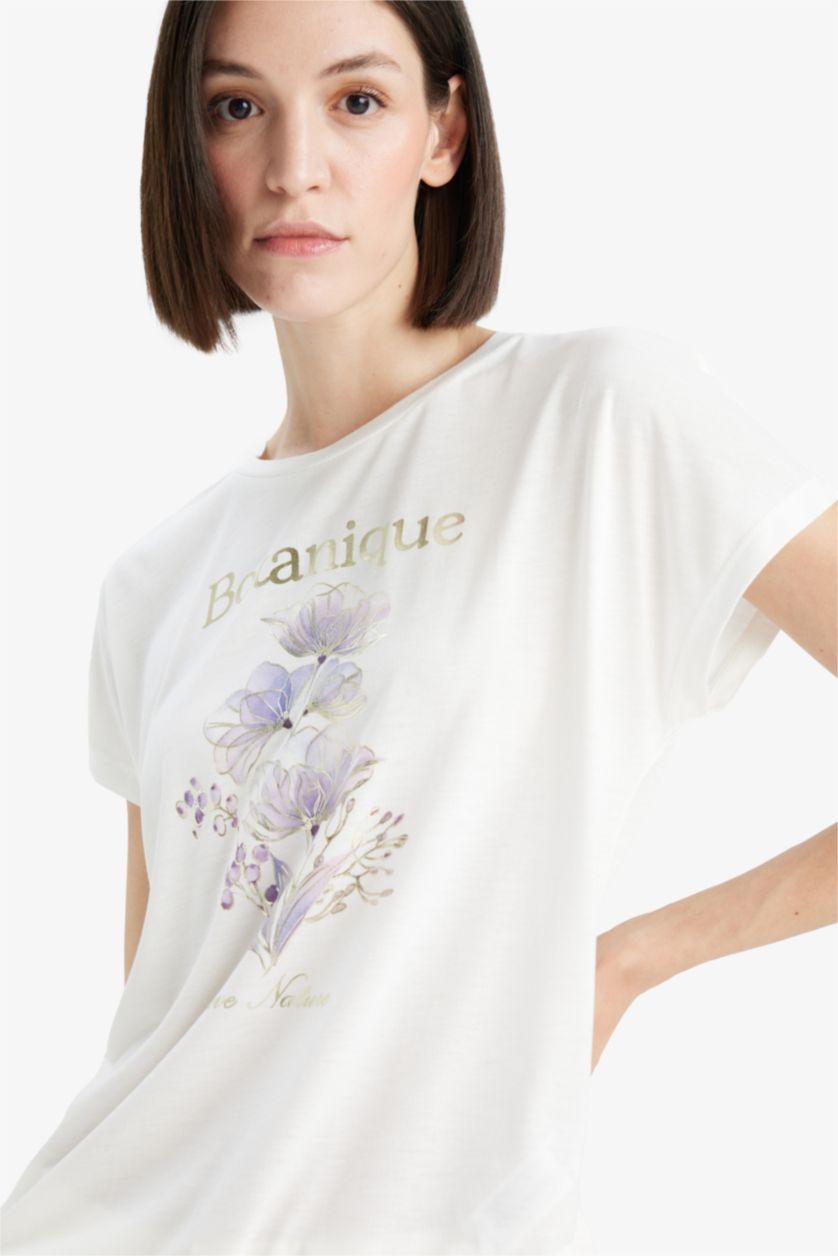 نساء بيج فاتح Crew Neck Floral Short Sleeve T-Shirt