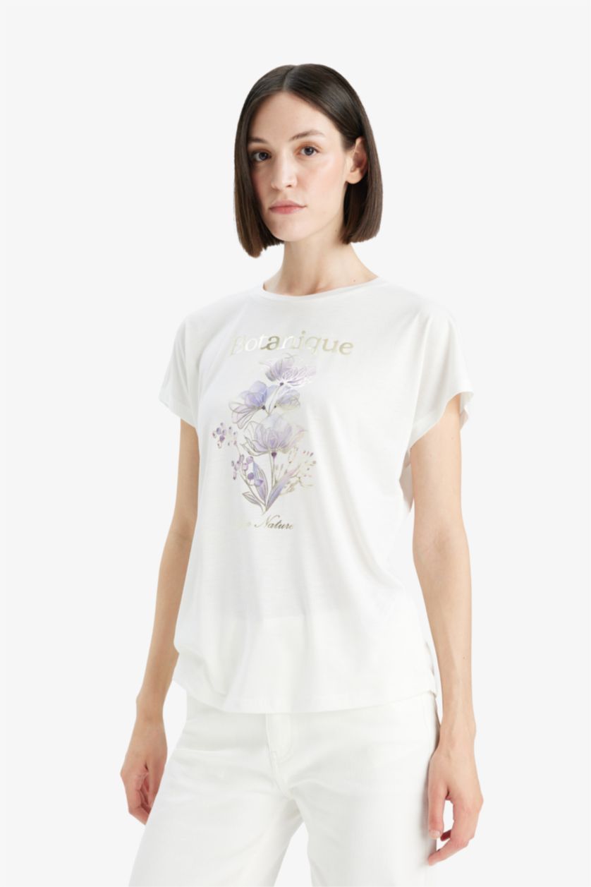 نساء بيج فاتح Crew Neck Floral Short Sleeve T-Shirt