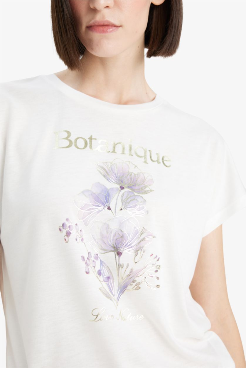 نساء بيج فاتح Crew Neck Floral Short Sleeve T-Shirt