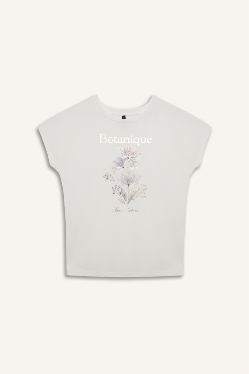 نساء بيج فاتح Crew Neck Floral Short Sleeve T-Shirt