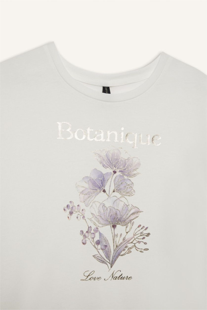 نساء بيج فاتح Crew Neck Floral Short Sleeve T-Shirt