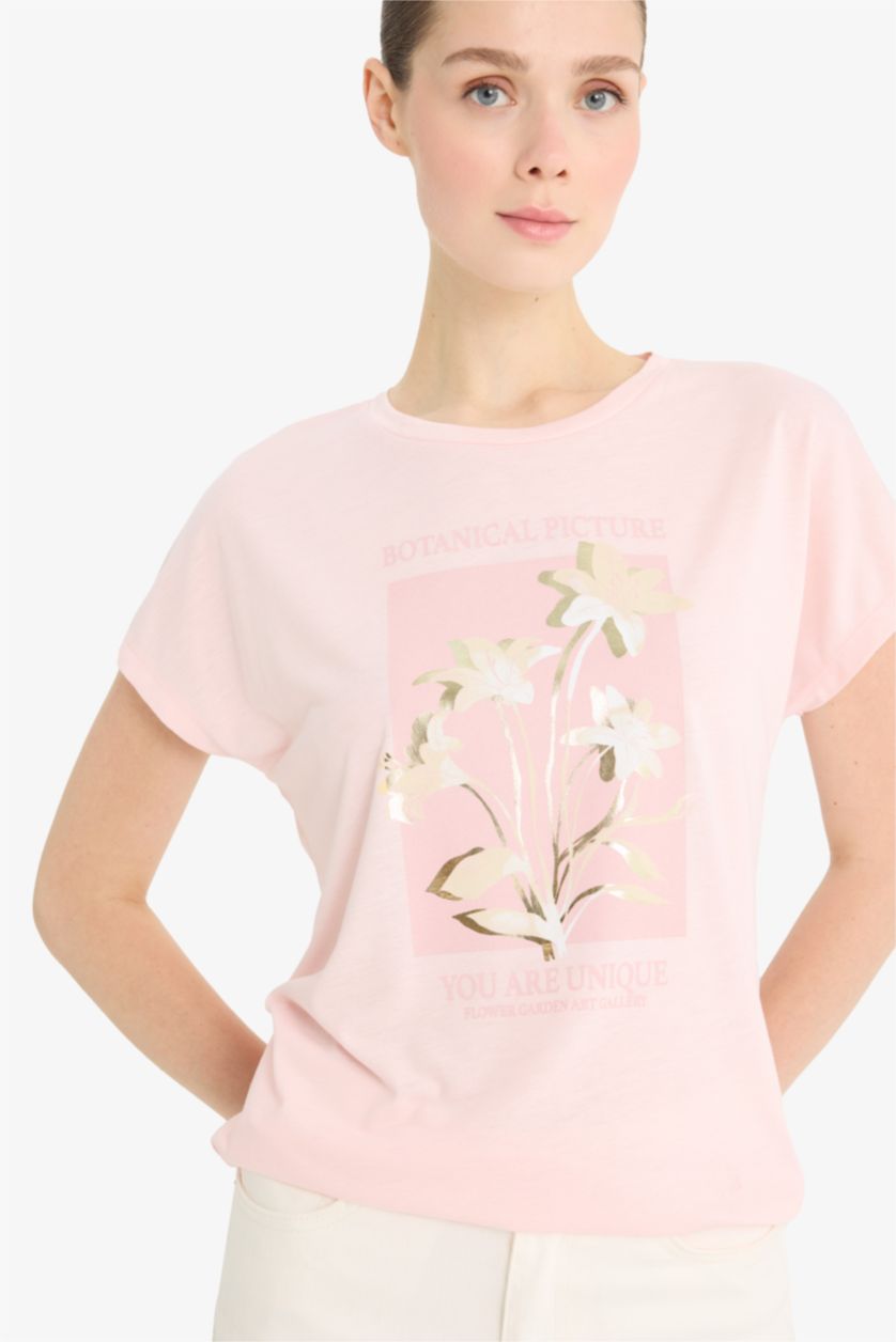 WOMAN Light Pink Crew Neck Floral Short Sleeve T-Shirt