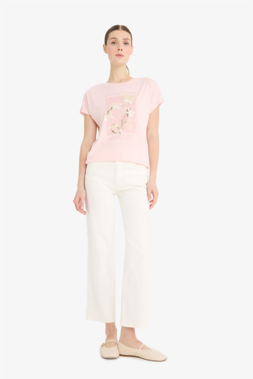 WOMAN Light Pink Crew Neck Floral Short Sleeve T-Shirt