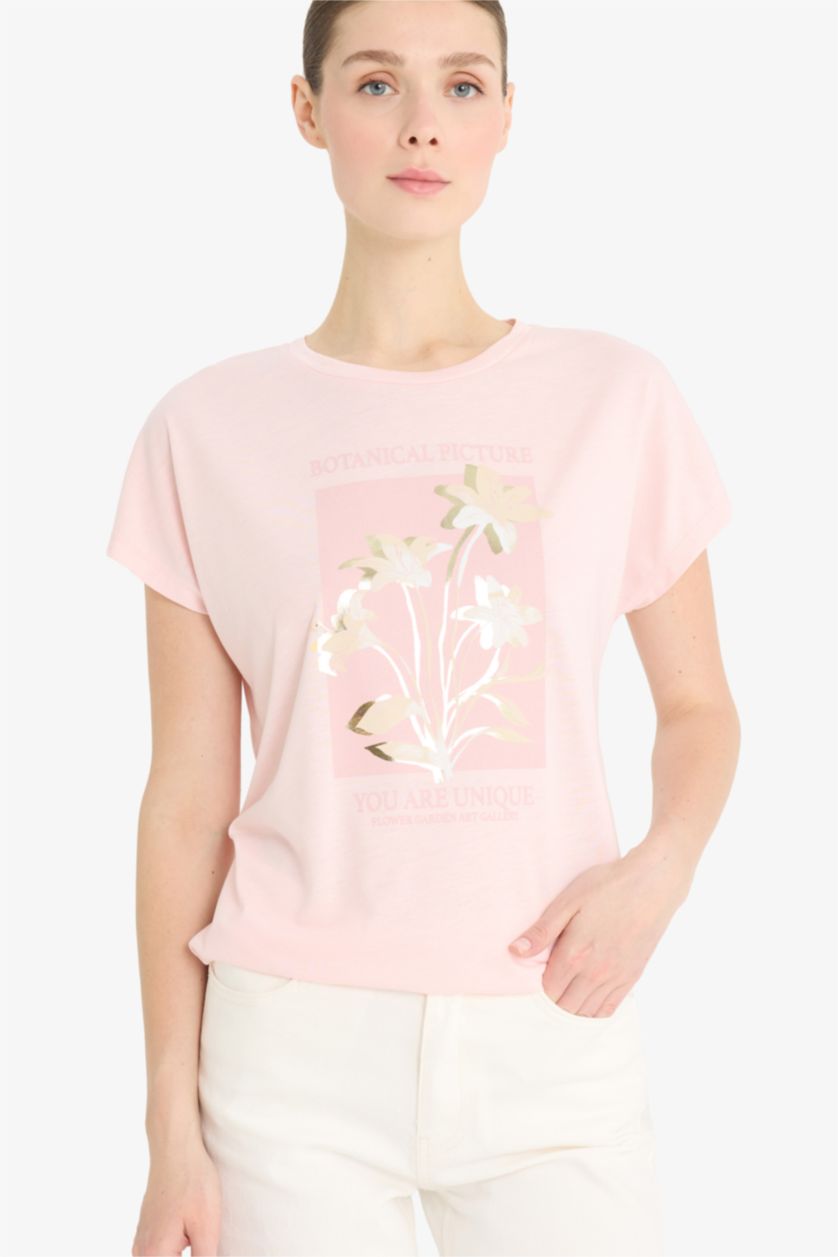 WOMAN Light Pink Crew Neck Floral Short Sleeve T-Shirt