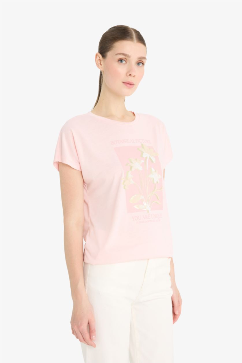 WOMAN Light Pink Crew Neck Floral Short Sleeve T-Shirt