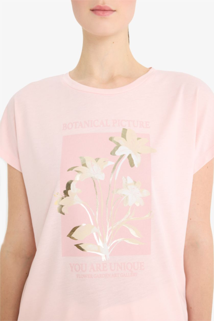WOMAN Light Pink Crew Neck Floral Short Sleeve T-Shirt