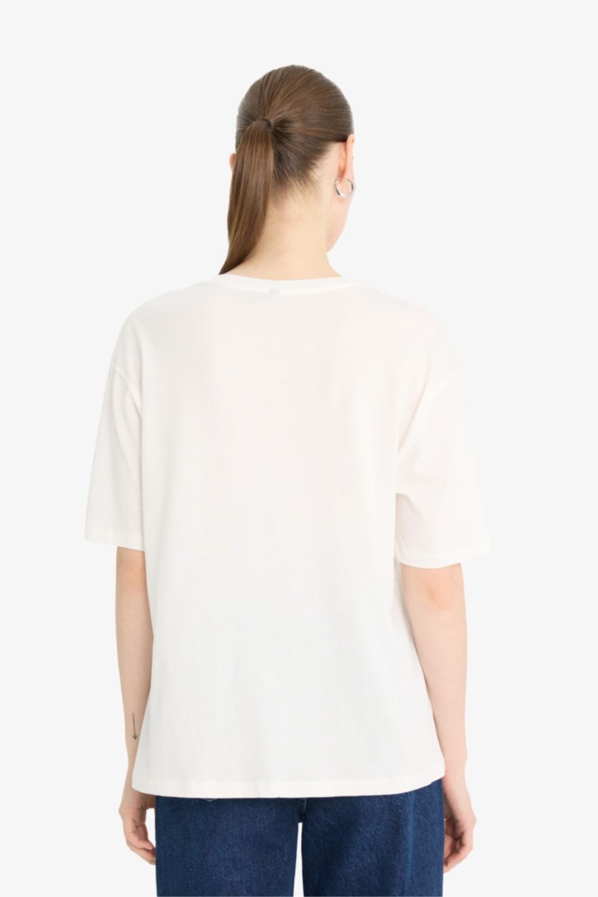 نساء بيج فاتح Relax Fit Crew Neck Applique Printed Cotton T-Shirt