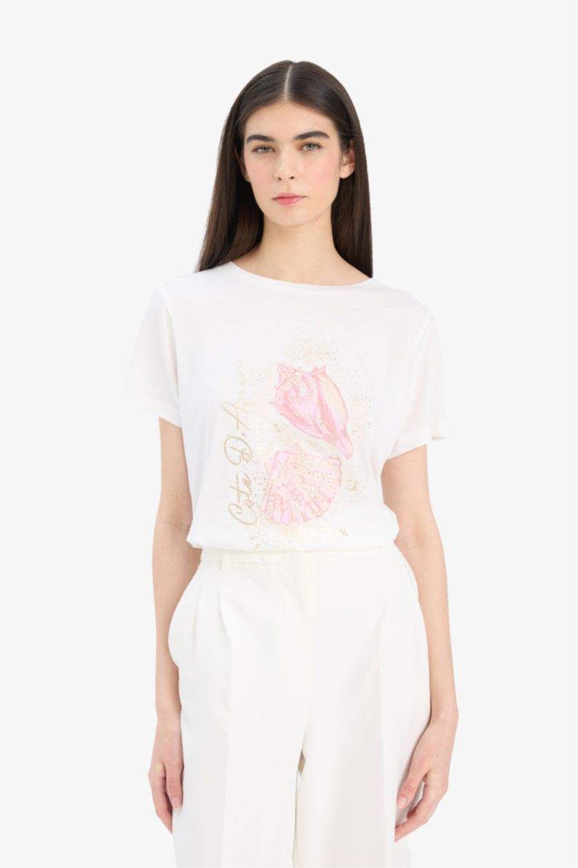 Woman Ecru Regular Fit Crew Neck Sea Printed T-Shirt