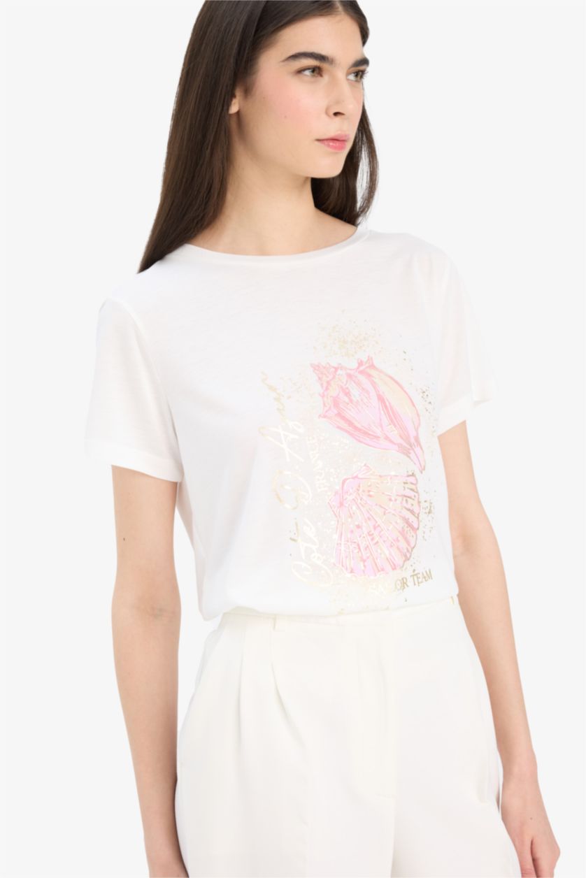 Woman Ecru Regular Fit Crew Neck Sea Printed T-Shirt