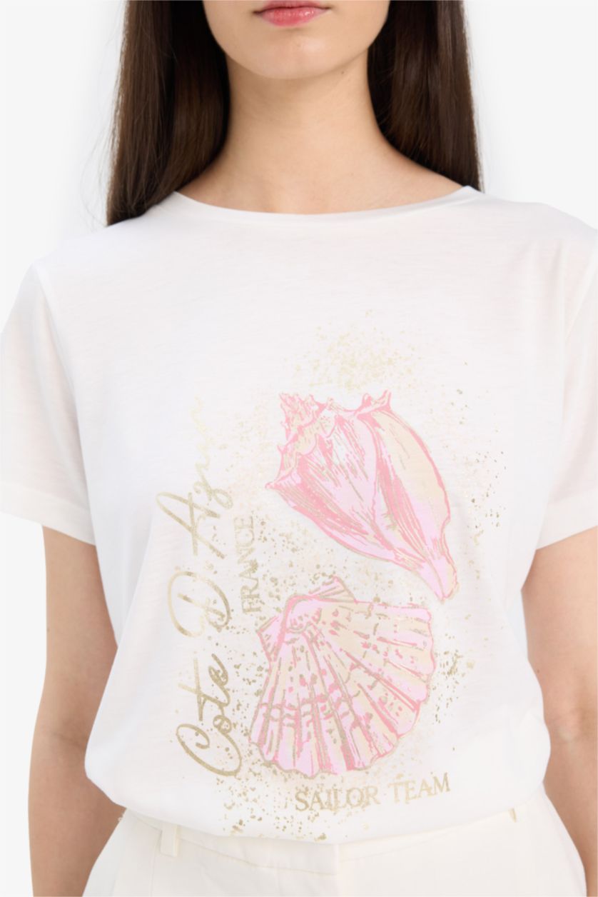 Woman Ecru Regular Fit Crew Neck Sea Printed T-Shirt