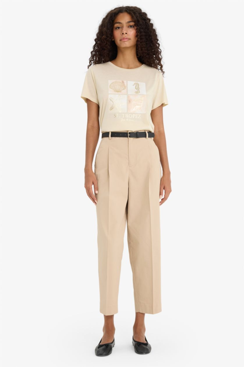 Kadın Bej Regular Fıt Bisiklet Yaka Deniz Baskılı Kısa Kollu Tişört