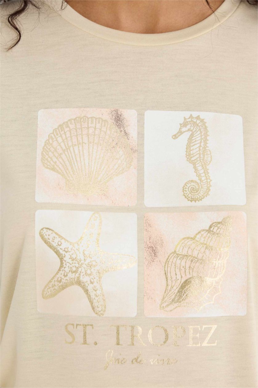 Kadın Bej Regular Fıt Bisiklet Yaka Deniz Baskılı Kısa Kollu Tişört