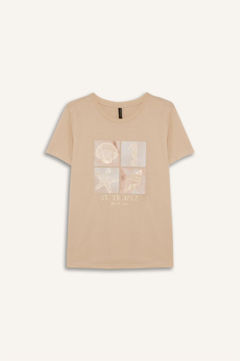 Kadın Bej Regular Fıt Bisiklet Yaka Deniz Baskılı Kısa Kollu Tişört