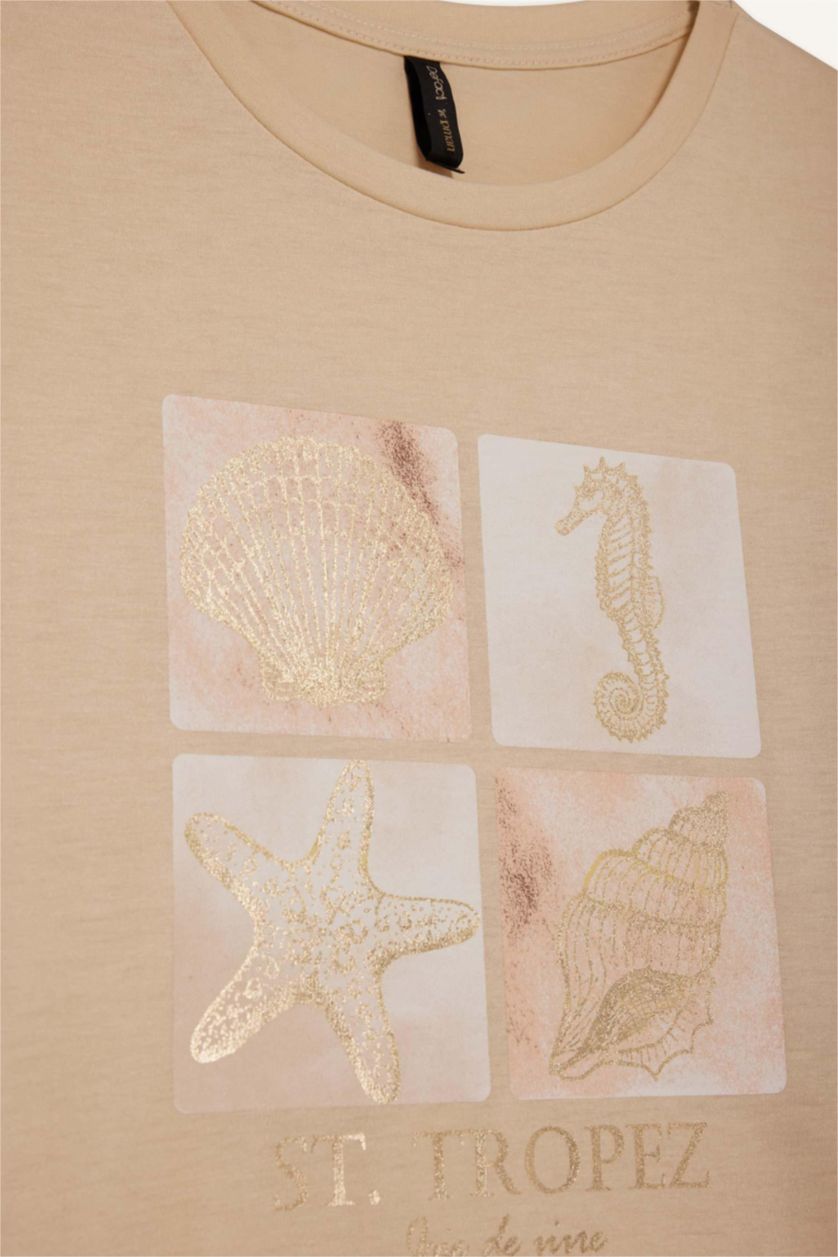 Kadın Bej Regular Fıt Bisiklet Yaka Deniz Baskılı Kısa Kollu Tişört