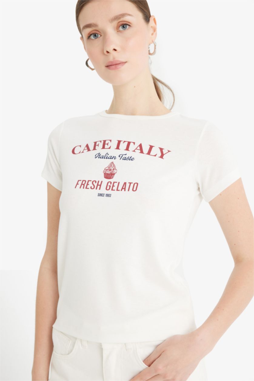 نساء بيج فاتح Regular Fit Crew Neck Printed Ribbed T-Shirt