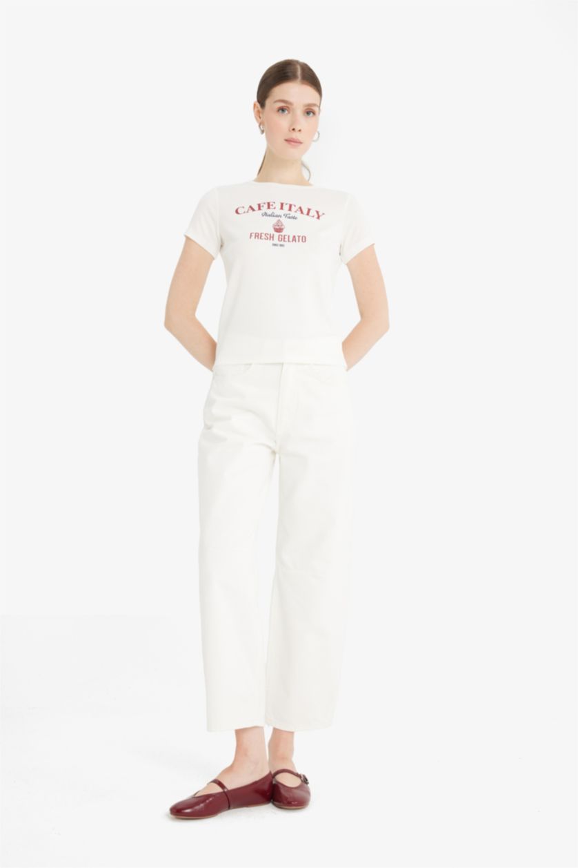 نساء بيج فاتح Regular Fit Crew Neck Printed Ribbed T-Shirt