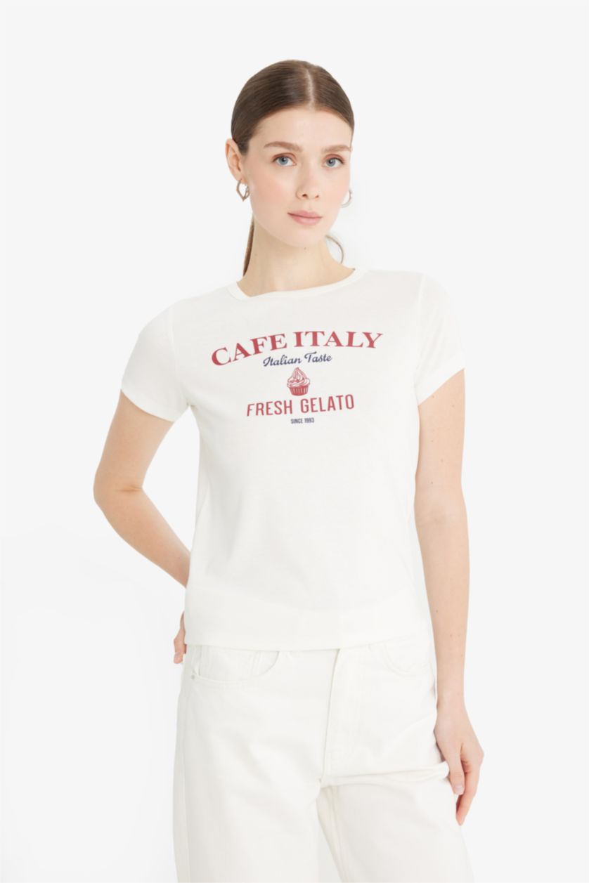 نساء بيج فاتح Regular Fit Crew Neck Printed Ribbed T-Shirt