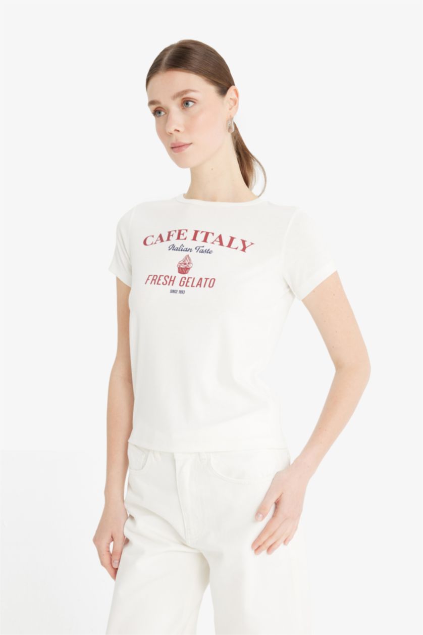 نساء بيج فاتح Regular Fit Crew Neck Printed Ribbed T-Shirt