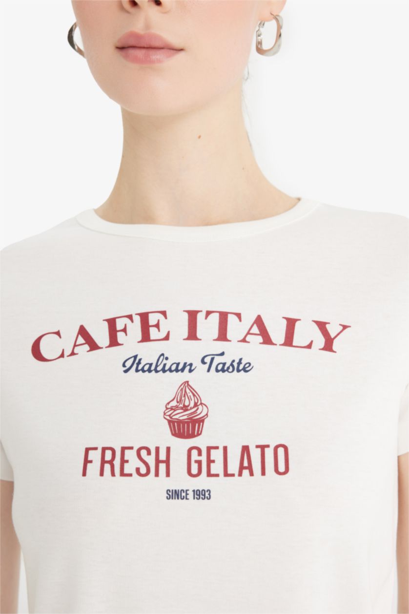 نساء بيج فاتح Regular Fit Crew Neck Printed Ribbed T-Shirt