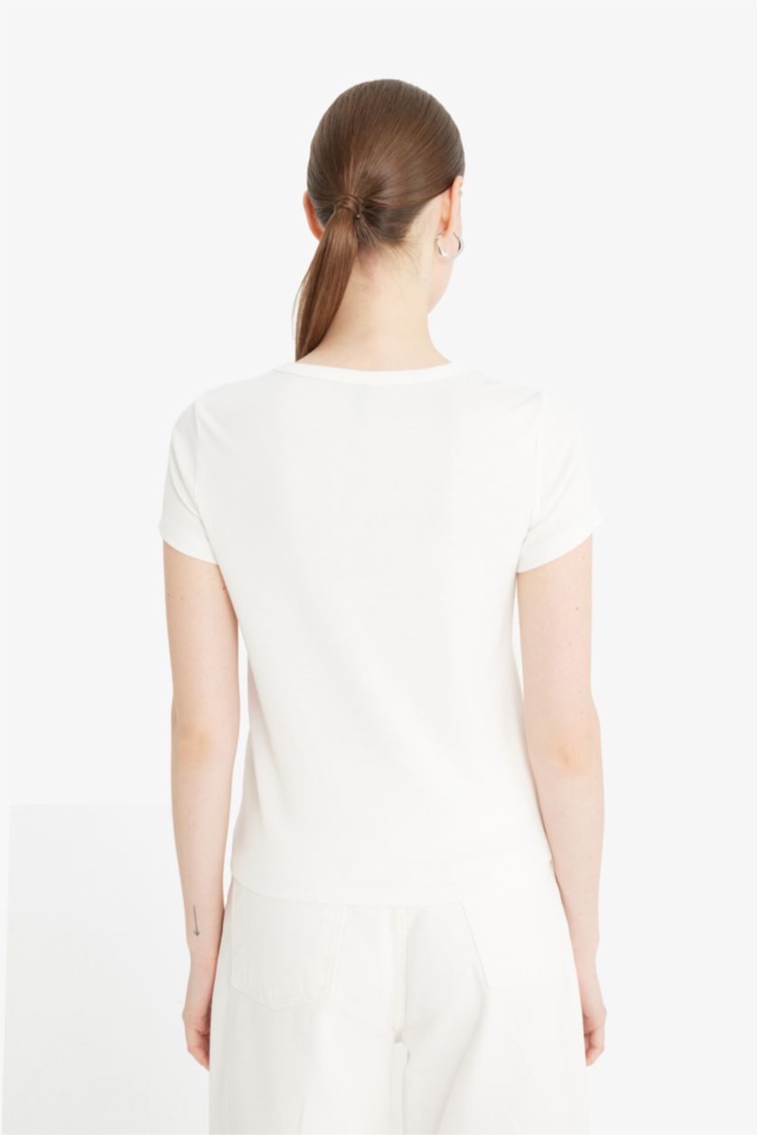 نساء بيج فاتح Regular Fit Crew Neck Printed Ribbed T-Shirt