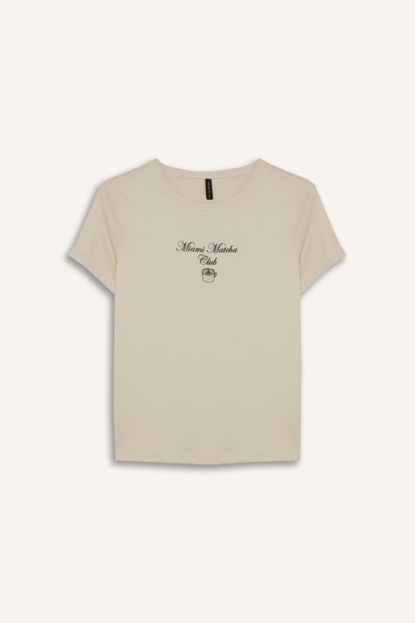 Woman Aqua Regular Fit Crew Neck Slogan Printed Ribbon T-Shirt