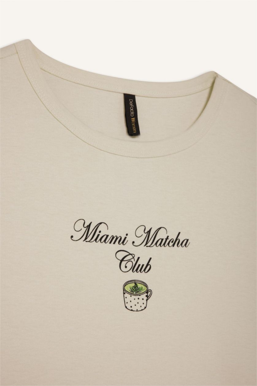 Woman Aqua Regular Fit Crew Neck Slogan Printed Ribbon T-Shirt