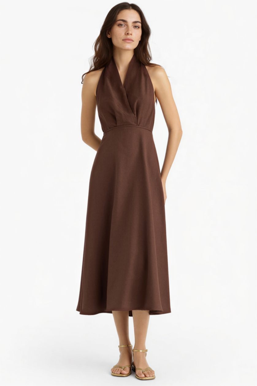 نساء بني فستان ميدي فلير فيت من مزيج الكتان برباط من الرقبة