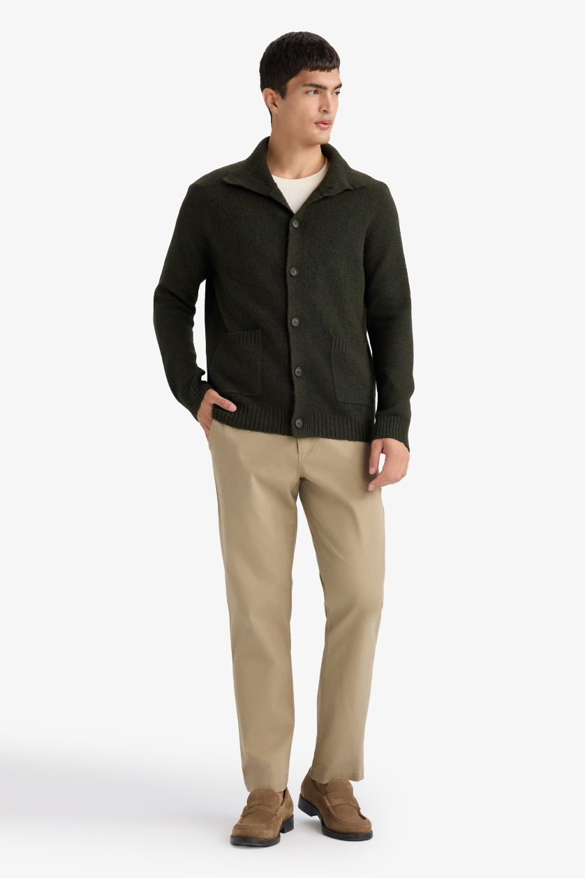 رجالي كاكي داكن كارديجان صوف برقبة عالية قصة عادية