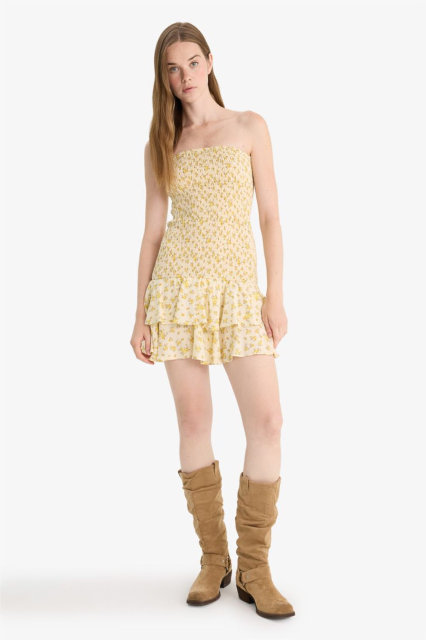 Kadın Ekru Straplez Çiçek Desenli Mini Elbise