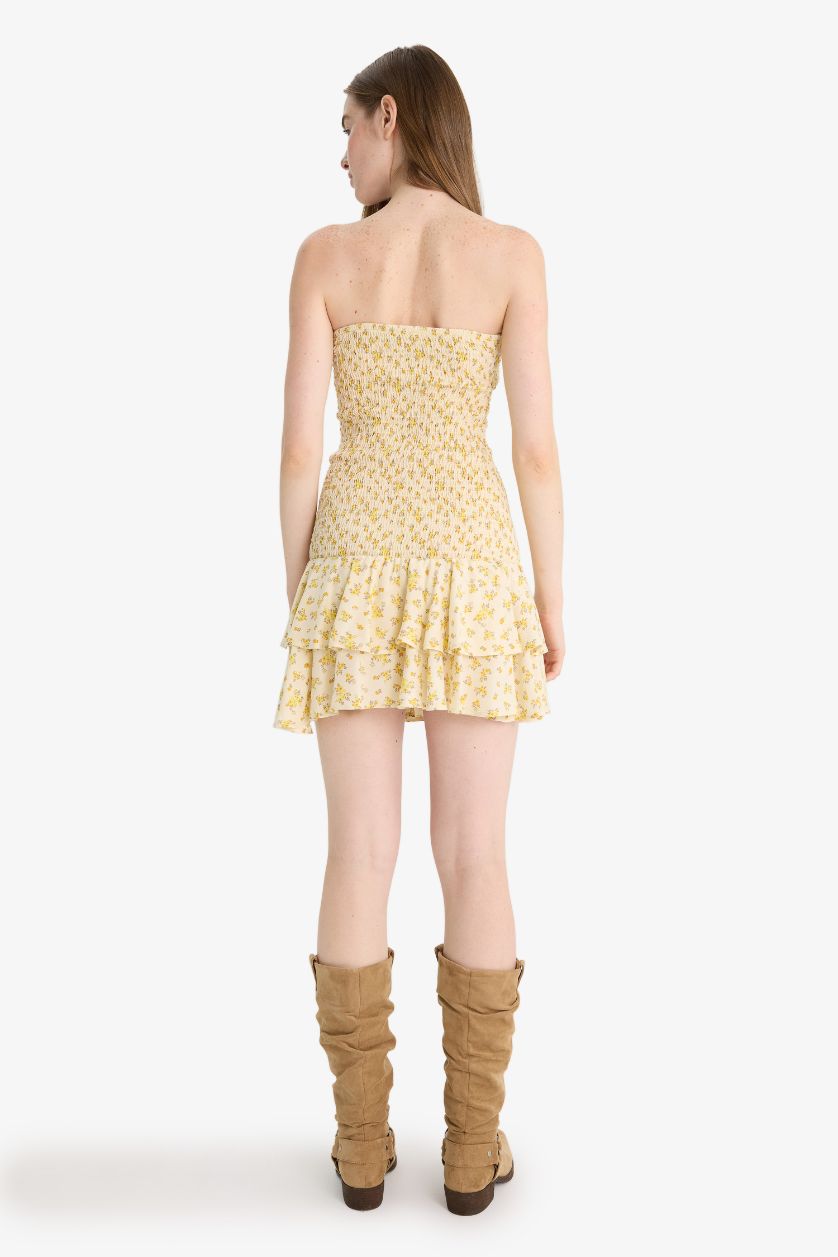 Kadın Ekru Straplez Çiçek Desenli Mini Elbise