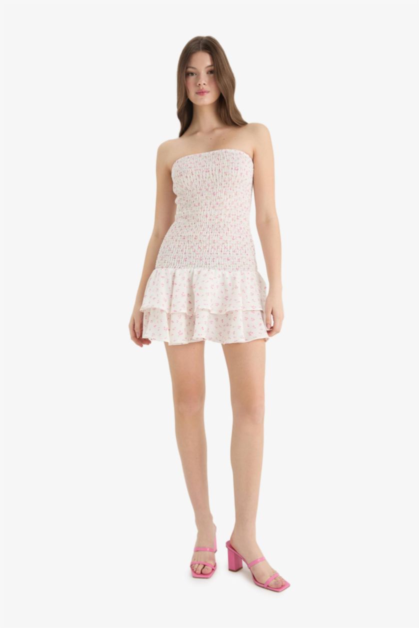 Kadın Kırık Beyaz Fitted Straplez Çiçekli Gipeli Mini Yazlık Elbise