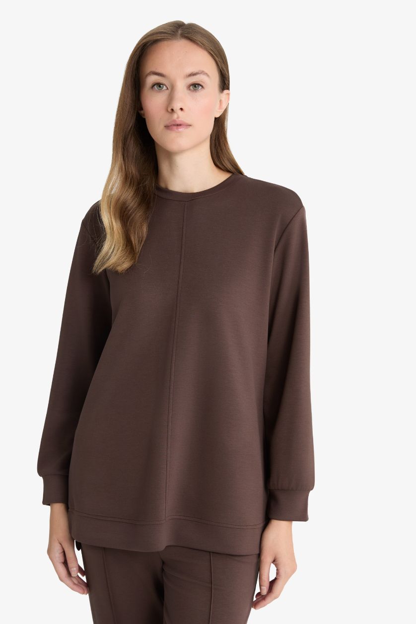 Woman Brown Regular Fit Crew Neck Long Sleeve Tunic