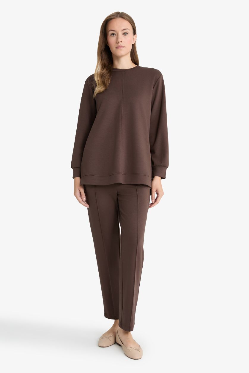 Woman Brown Regular Fit Crew Neck Long Sleeve Tunic