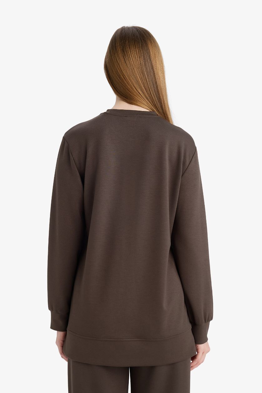 Kadın Koyu Haki Regular Fıt Bisiklet Yaka Uzun Kollu Tunik