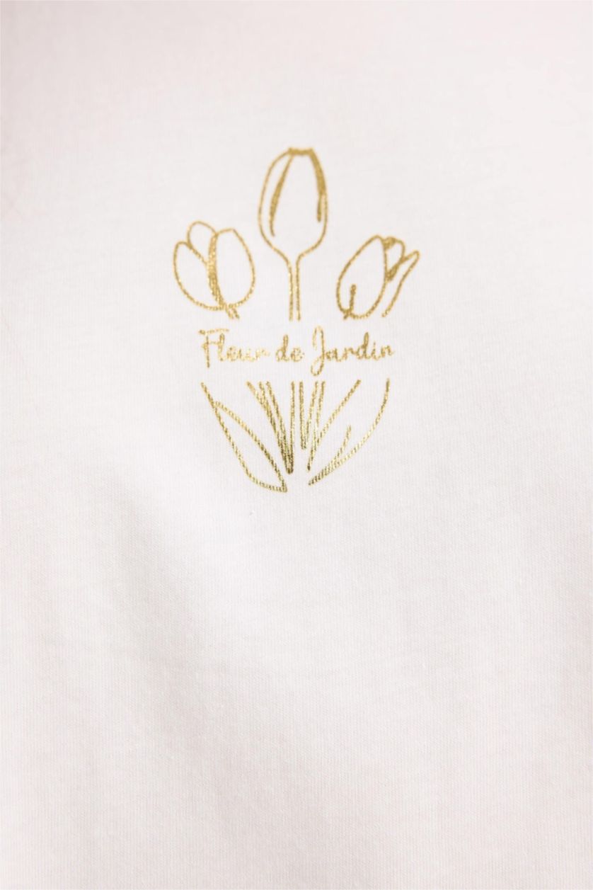 Kadın Ekru Regular Fit Bisiklet Yaka Baskılı Kısa Kollu Tişört Tunik